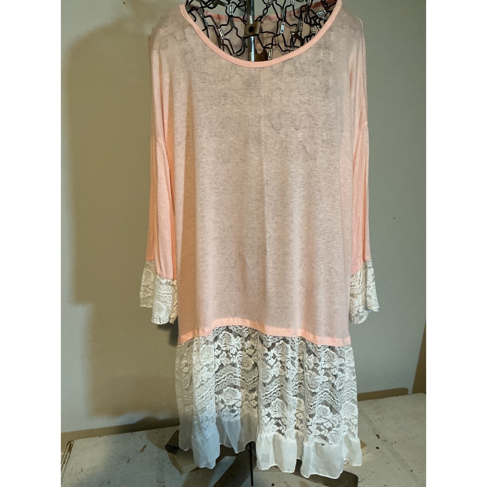 Peach Pink‎ Lace Trim Tunic Top Long Sleeve Ruffle Hem Boho Romantic Large